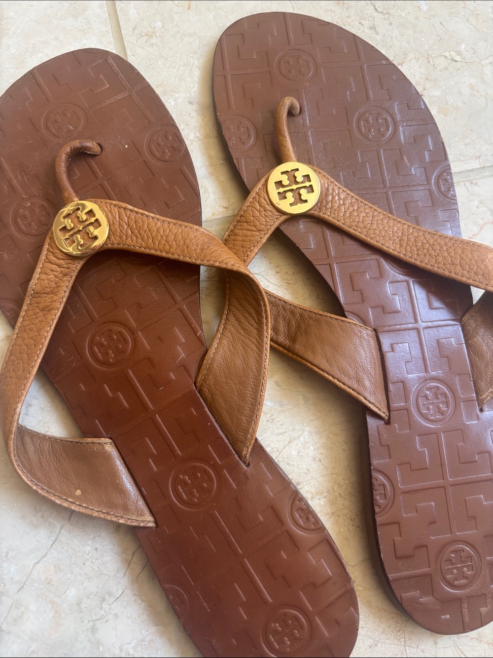 Tory Burch Tan Leather Logo Thong Sandals with Gold Medallion